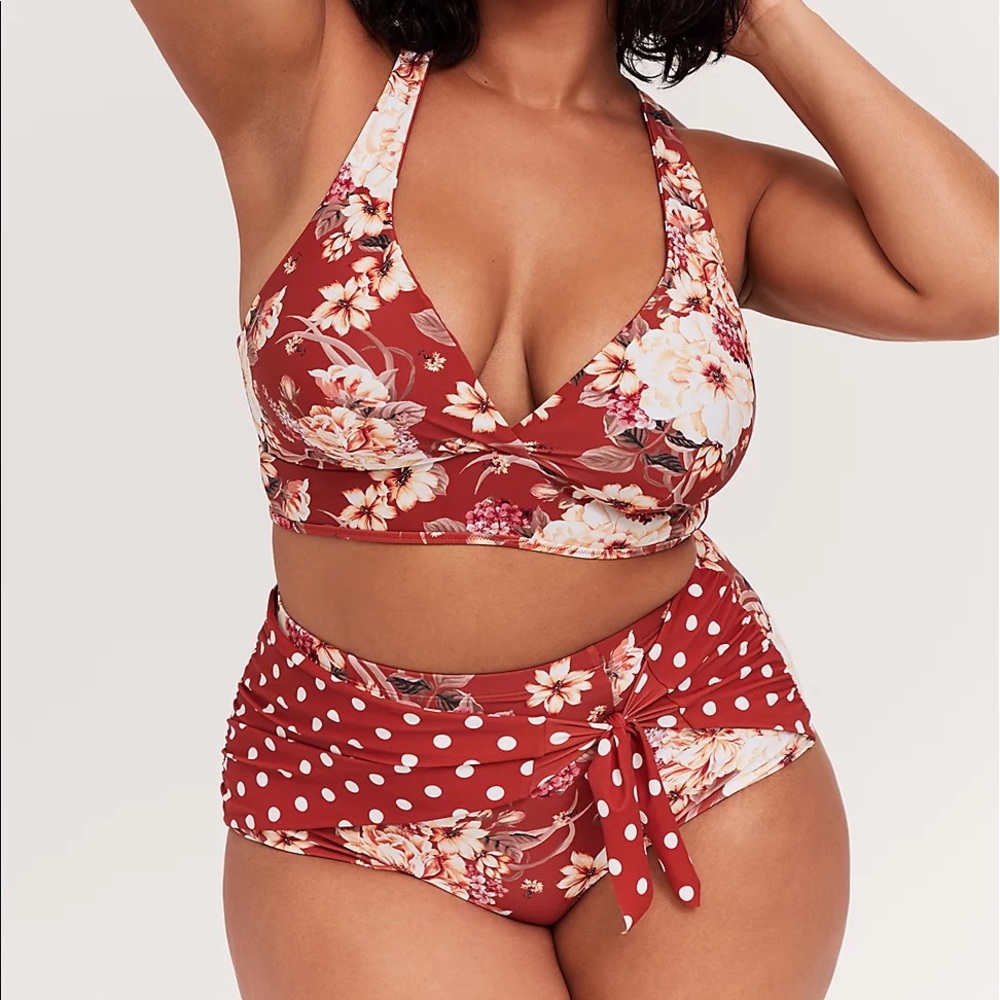 Torrid Dusty Red Floral Polka Dot Reversible Bikini Two Piece Swimsuit SET 1X